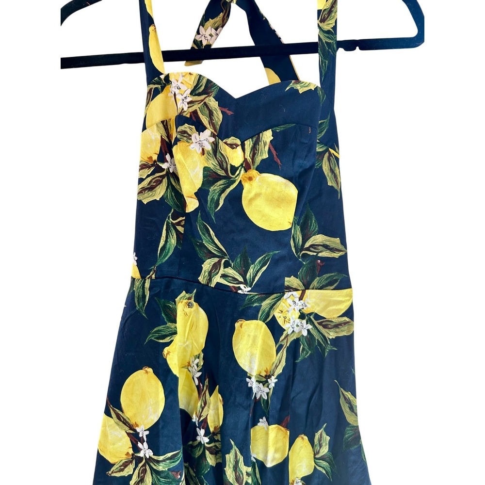 Topdress Women Navy Blue Lemon Print Halter Retro Rockabilly Swing Dress Small